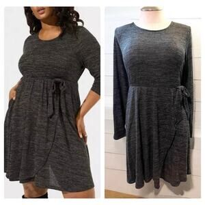 Torrid Plus Size 2‎ Super Soft Plush Hacci Faux Wrap Dark Gray Long Sleeve Dress